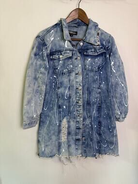 Thrill Jeans Distressed Longline Denim Jacket Paint Splatter Grunge Size M
